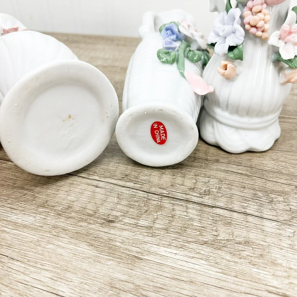 Vintage White Porcelain Miniature Bud Vases Set of 3 Applied 3D Floral Accents